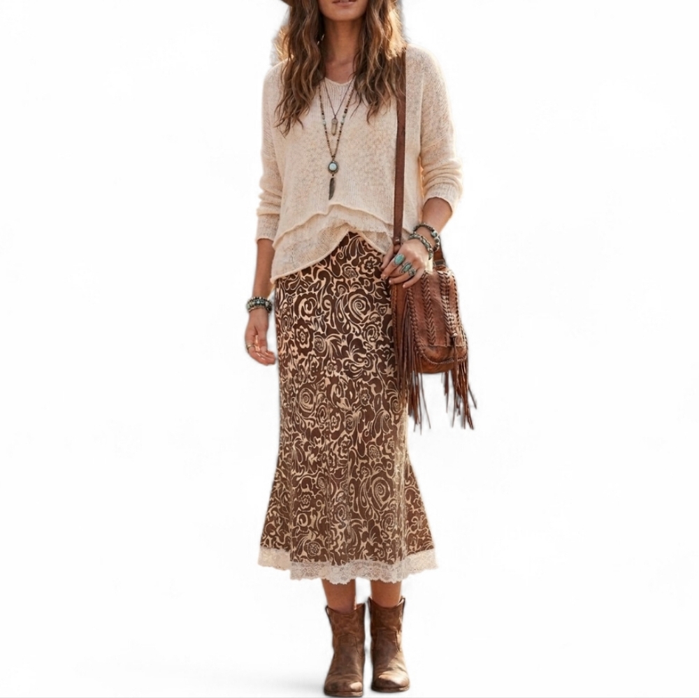 Nicole by Nicole Miller Vintage Brown Floral Lace Trim Midi Skirt Size 6